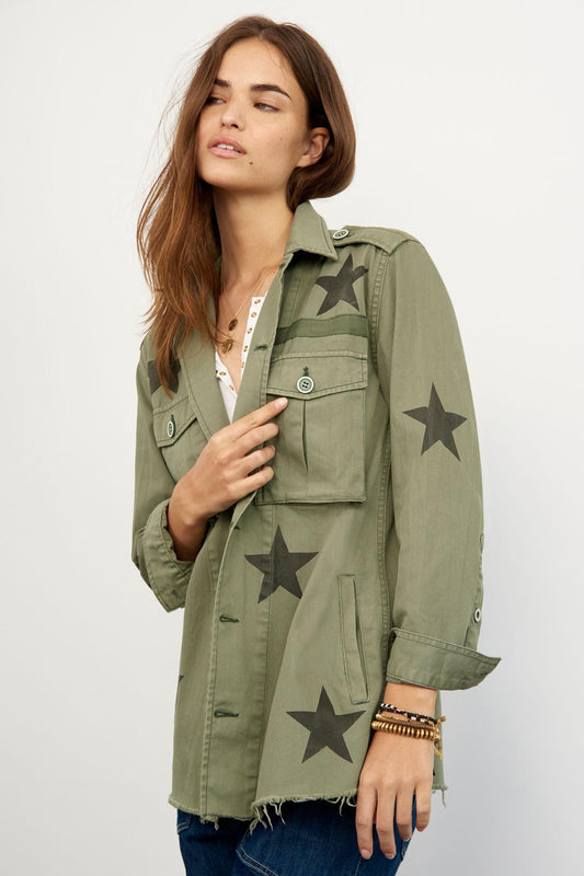 PISTOLA green army button up shirt jacket with black stars