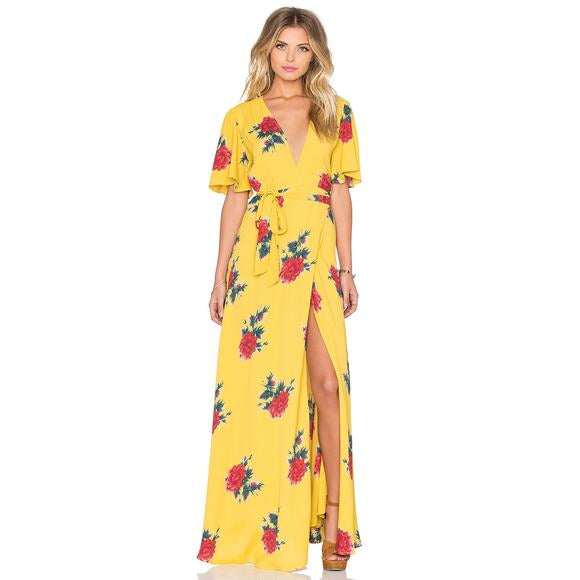 PRIVACY PLEASE yellow floral long tshirt dress