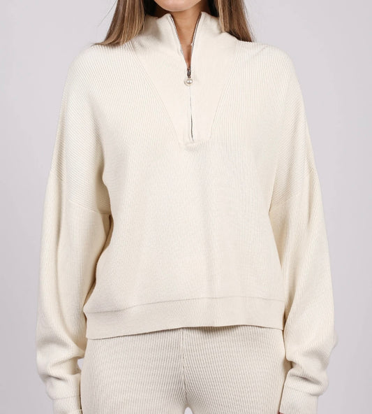 BRUNETTE THE LABEL - THE RIBBED KNIT HALF-ZIP POPOVER | WITH PEARL
