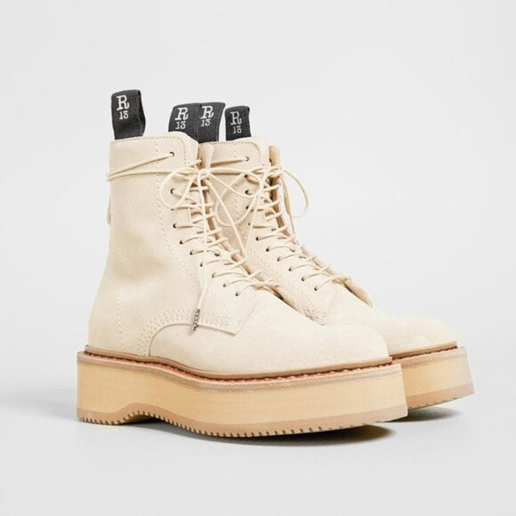 R13 beige suede lace up boot