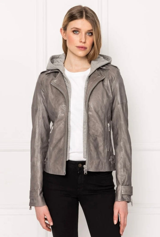 Lamarque- Anna Washed Biker With Hoodie- Whale Grey