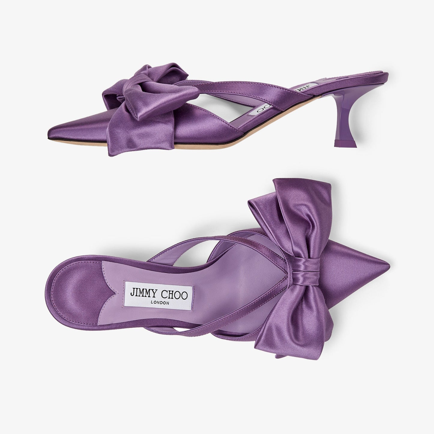 JIMMY CHOO purple satin fabric kitten heels with large bow