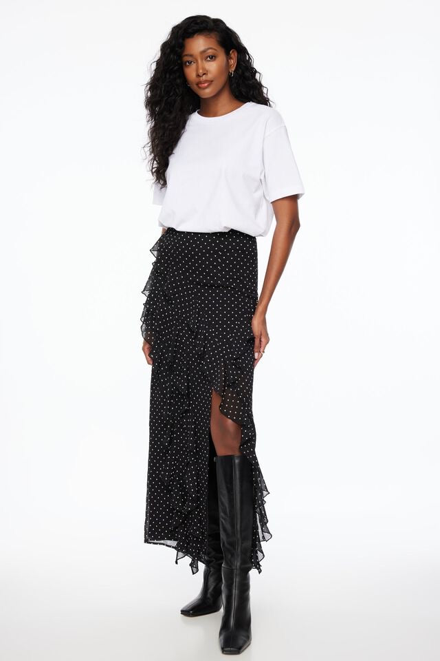 Dynamite Ruffled Polka Dot Maxi Skirt