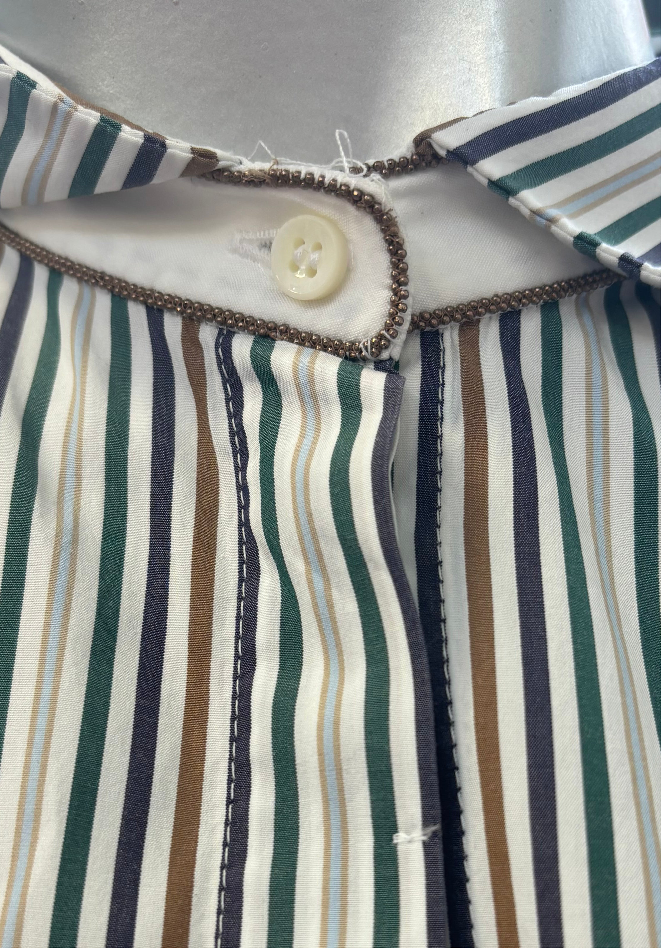 Brunello Cucinelli navy, green, tan stripe button up with monili