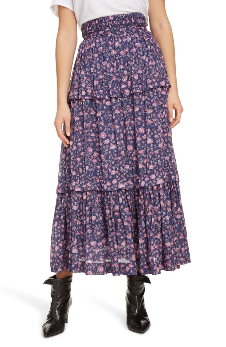 ISABEL MARANT ETOILE blue, pink floral tiered maxi skirt