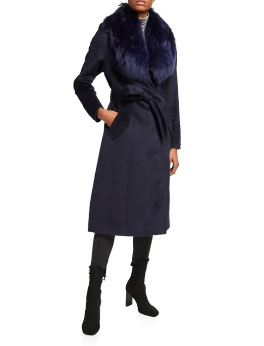 Sentaler- Navy Alpaca Long Coat with Fur Collar