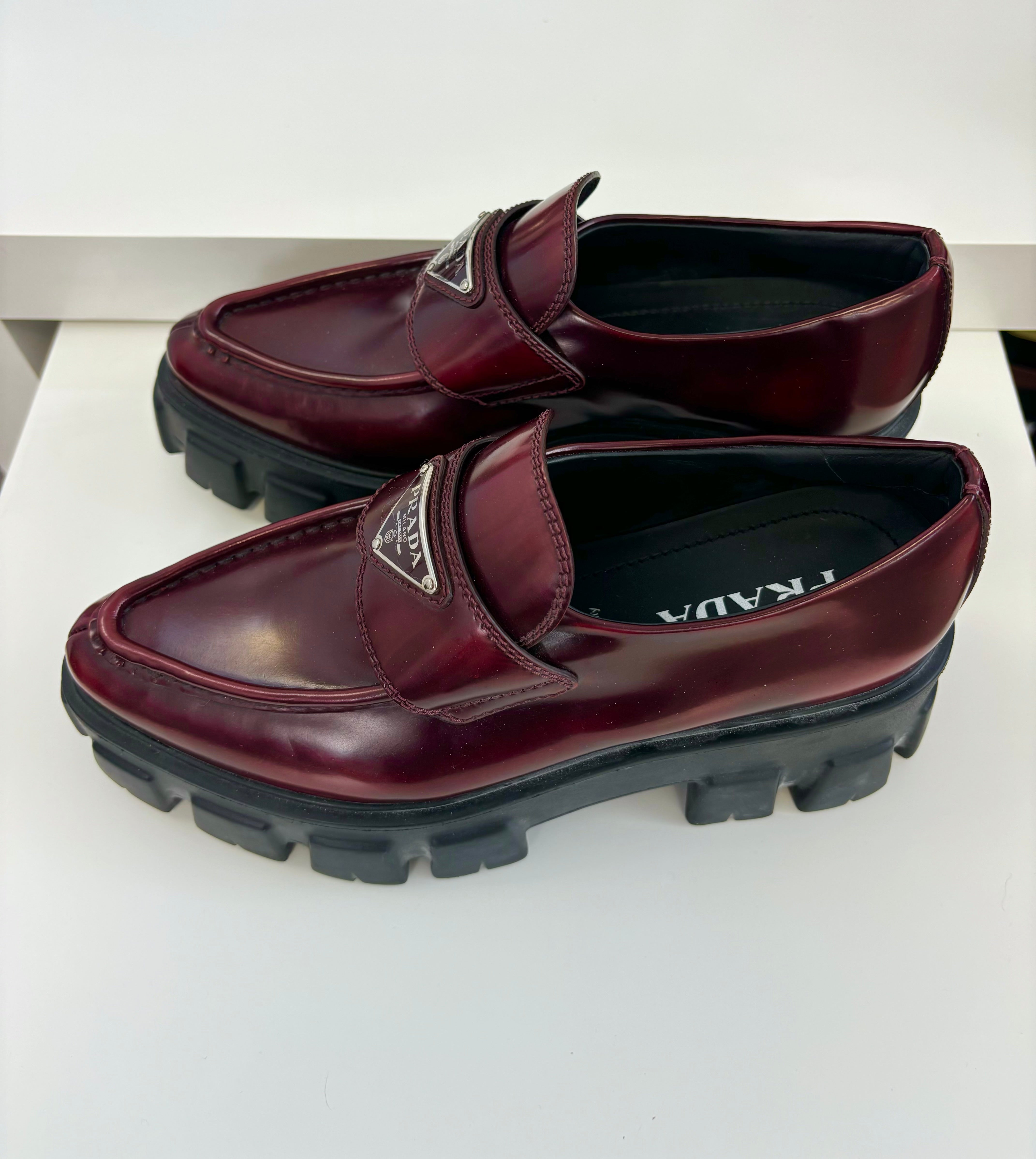 PRADA red chunky pointed toe loafers