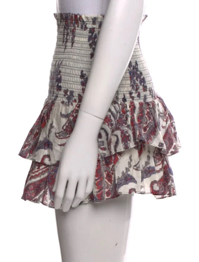 ISABEL MARANT ETOILE skirt, tight w ruffles, light grey with red/blue floral pattern