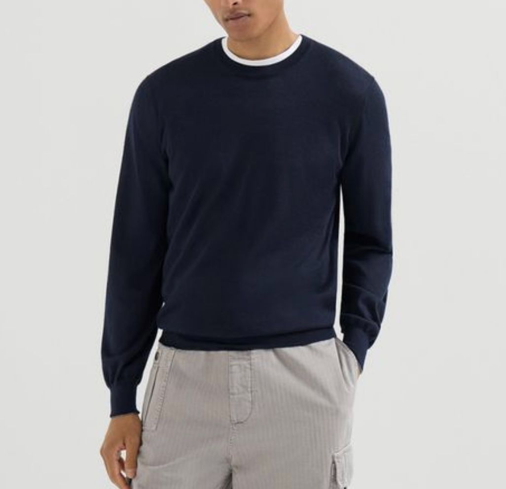 Brunello Cucinelli Navy Wool Cashmere Blend Long Sleeve with Grey Trim Sleeve