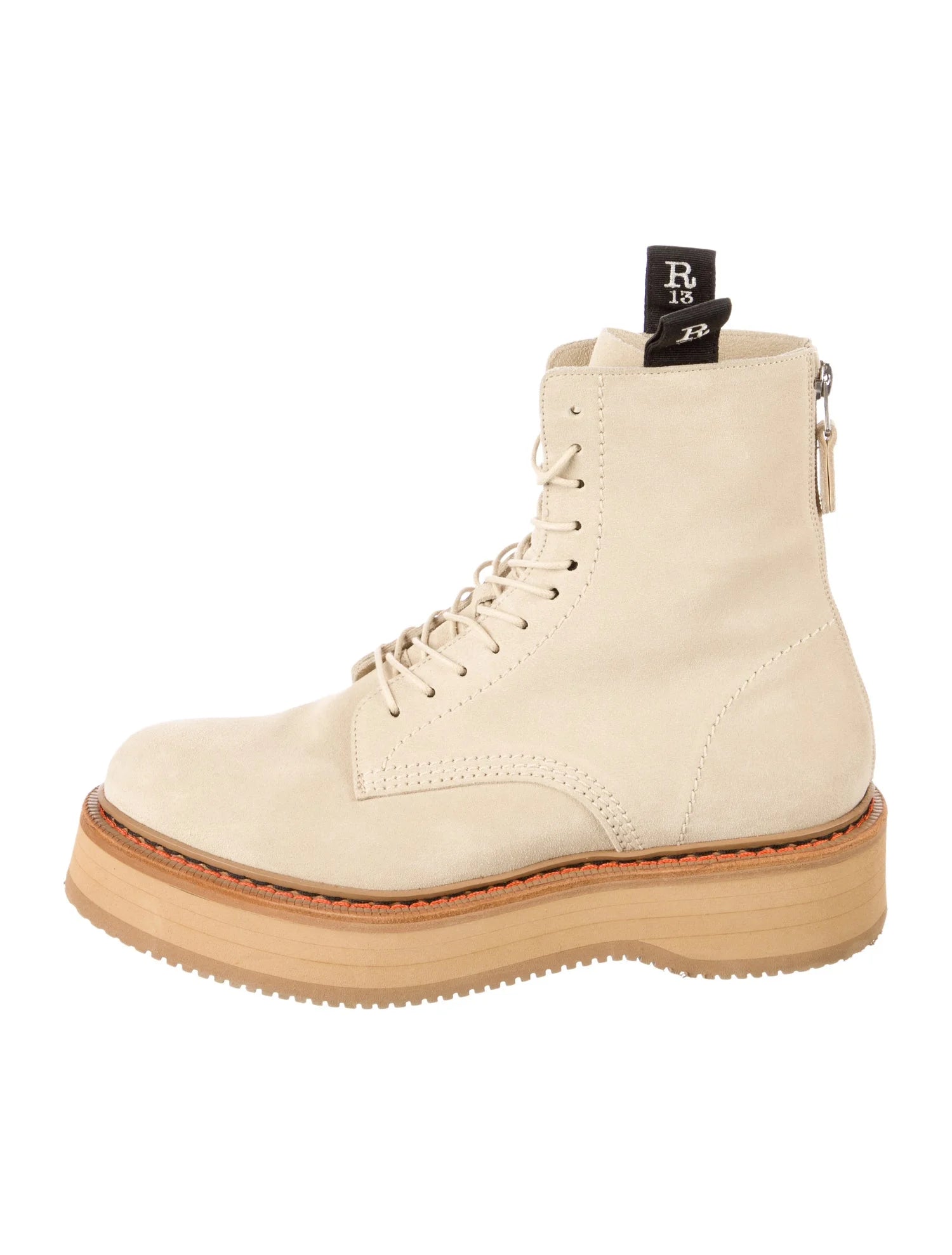 R13 beige suede lace up boot