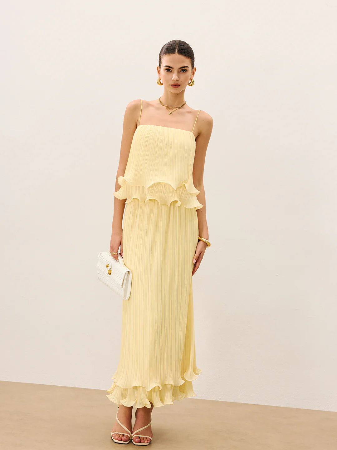COMMENSE butter yellow pleated maxi skirt with ruffled bottom