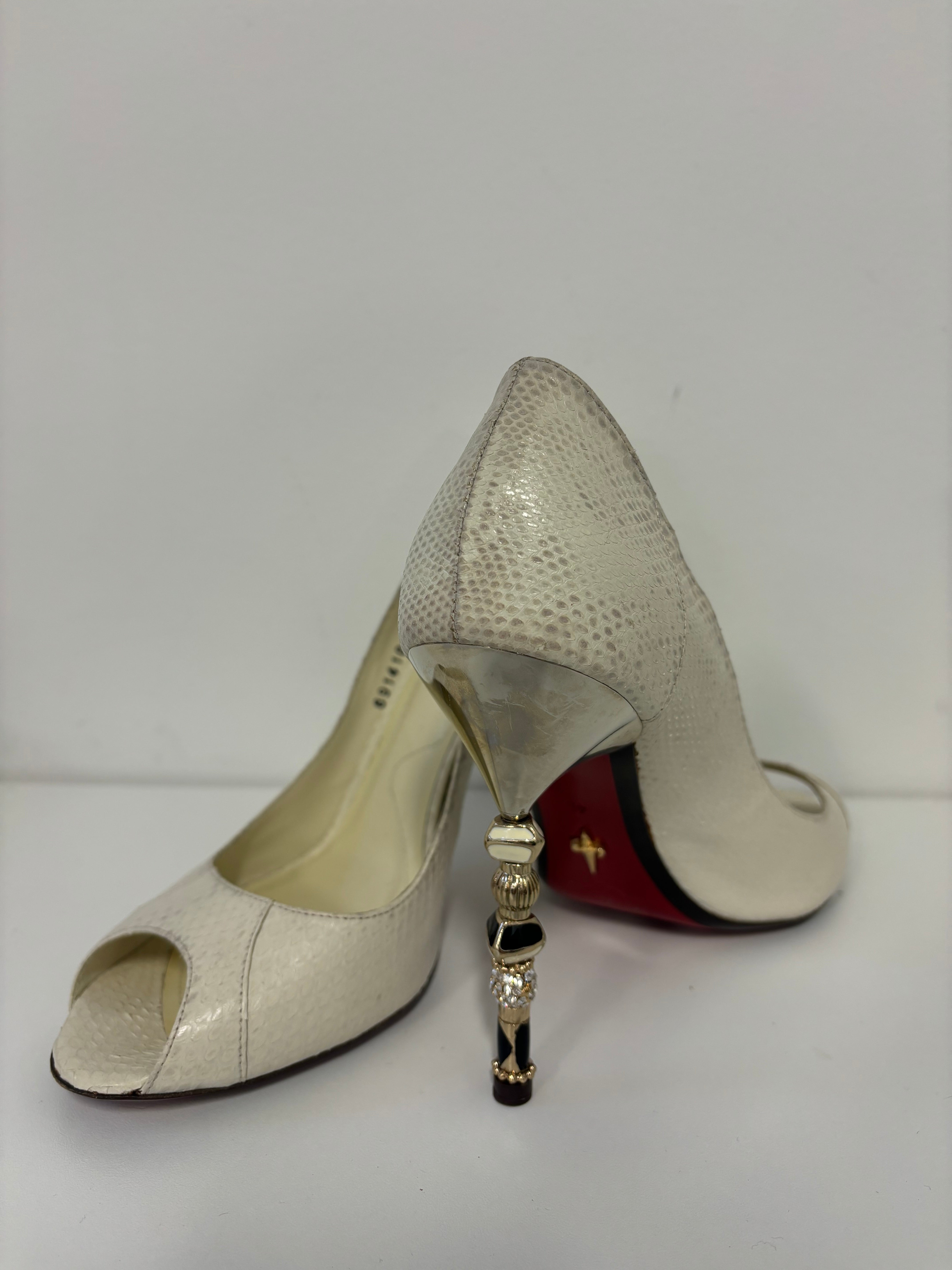 CESARE PACIOTTI ivory snake print pump with jewelled heels