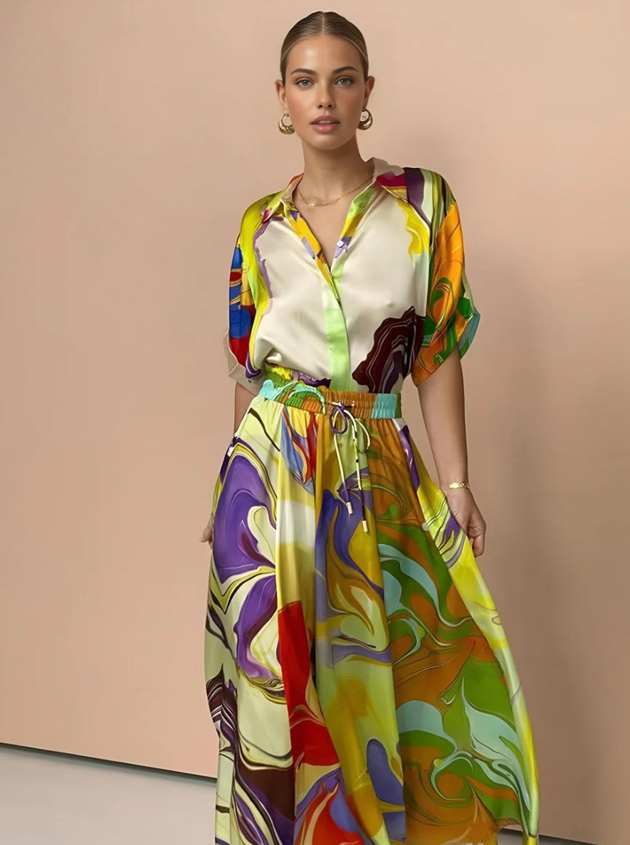 Commense - Satin Print Drawstring Skirt Set