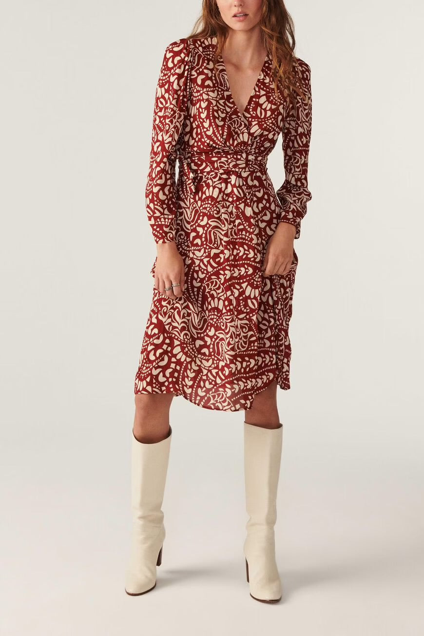 BA&SH Robe Kodile red and white pattern wrap midi dress