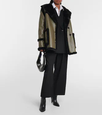 PROENZA SCHOULER WHITE LABEL green faux leather coat with black fur lapel and trim