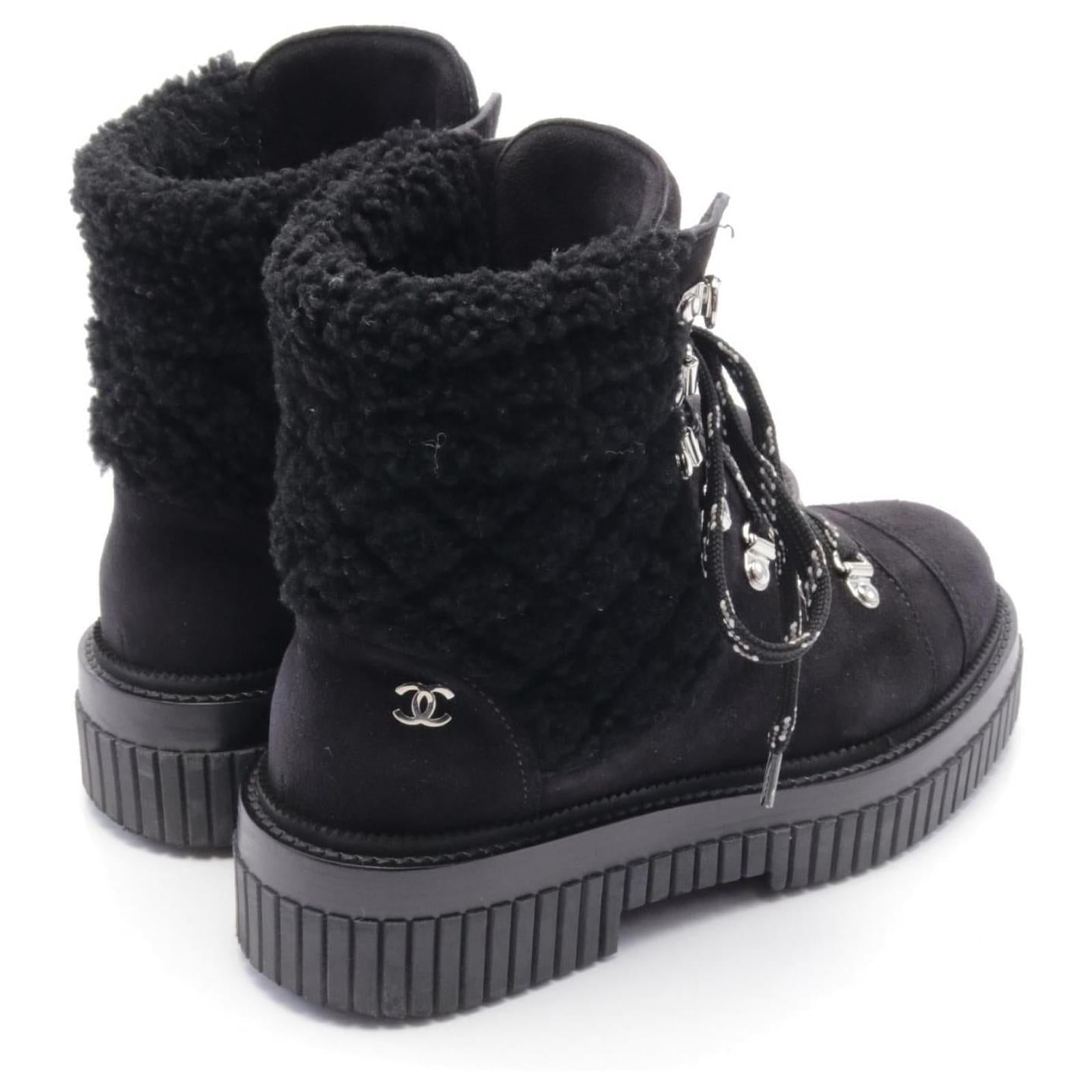 CHANEL black suede boots with black shearling, w dust bags and box