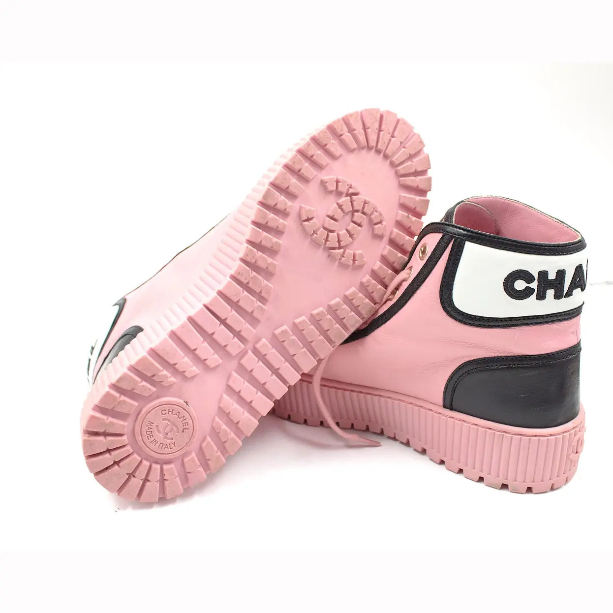 CHANEL pink leather hightop sneakers