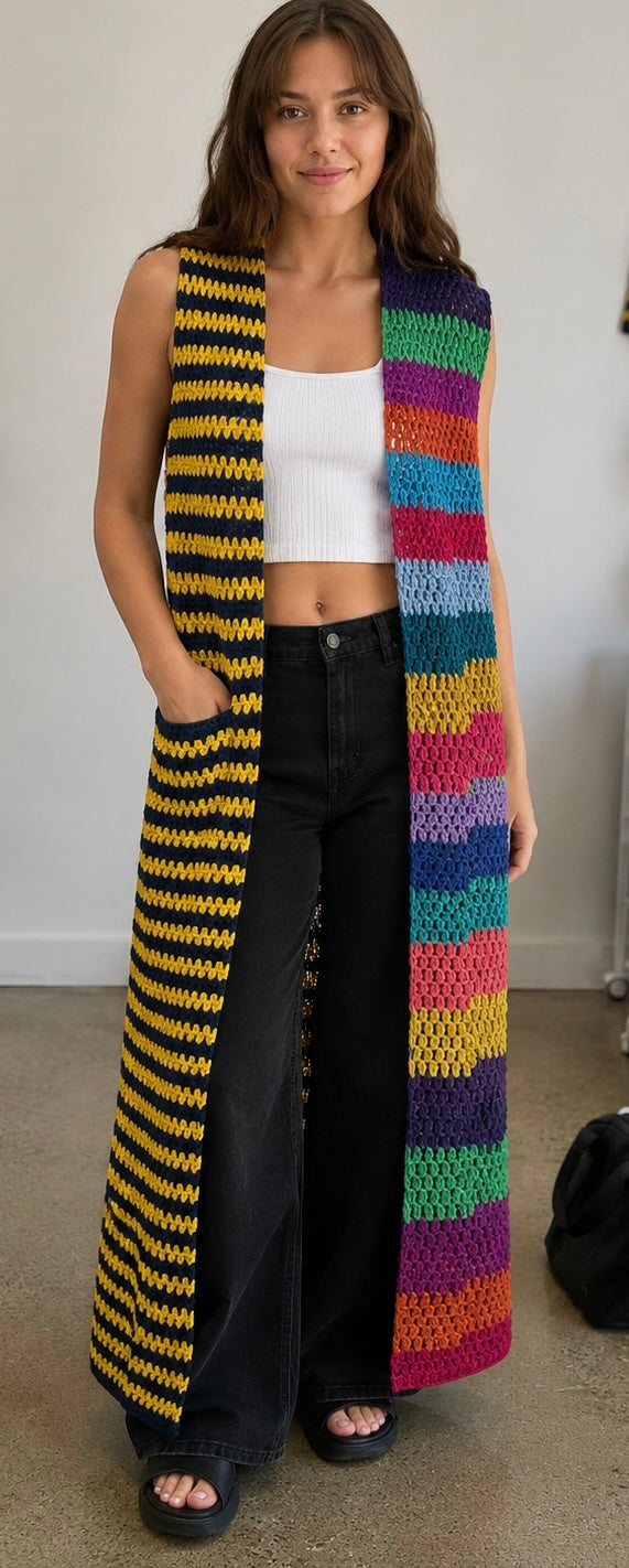 Rose Carmine Multicolor Striped Knit Crochet Sleeveless Maxi Duster