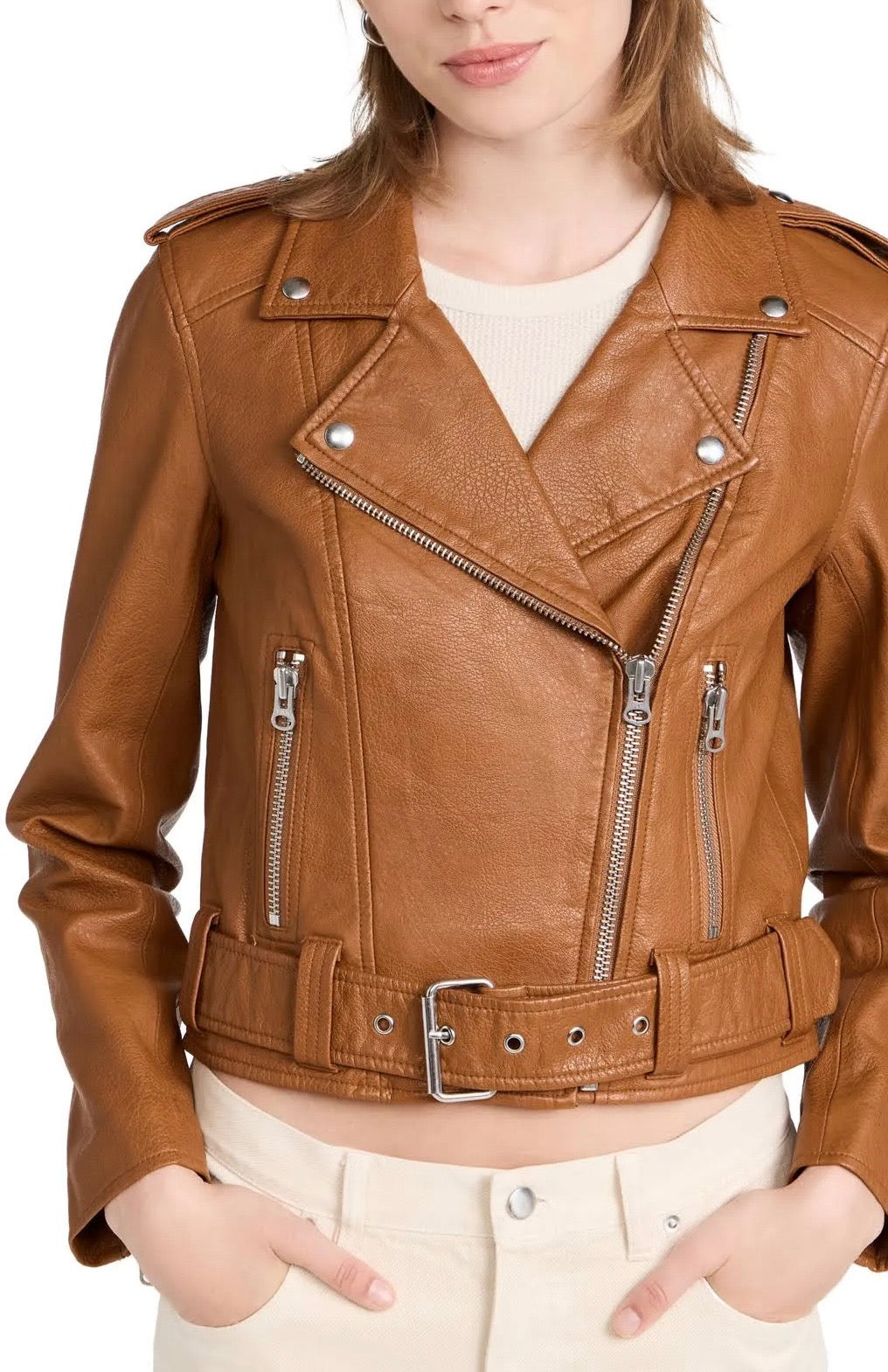 PISTOLA camel brown faux leather jacket with belt