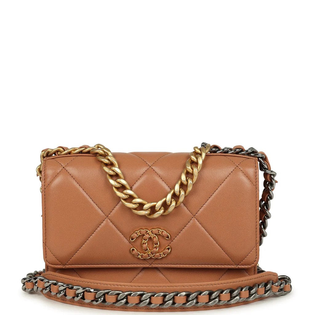 CHANEL camel brown lambskin leather 19 two tone metal bag