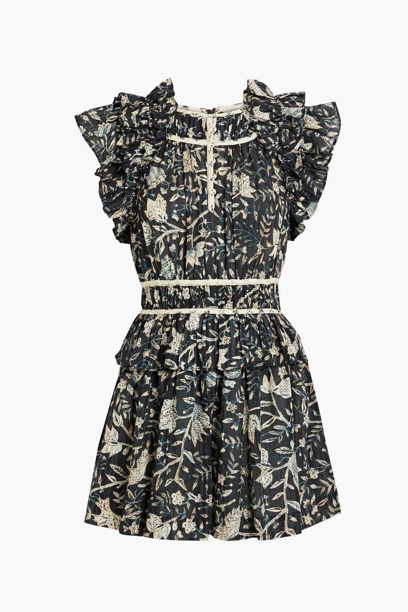 ULLA JOHNSON blue and cream ruffle romper