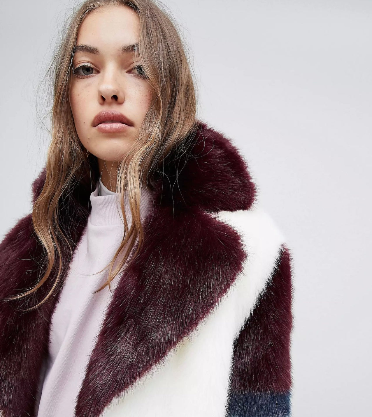 Jakke mid length faux fur coat in colour block