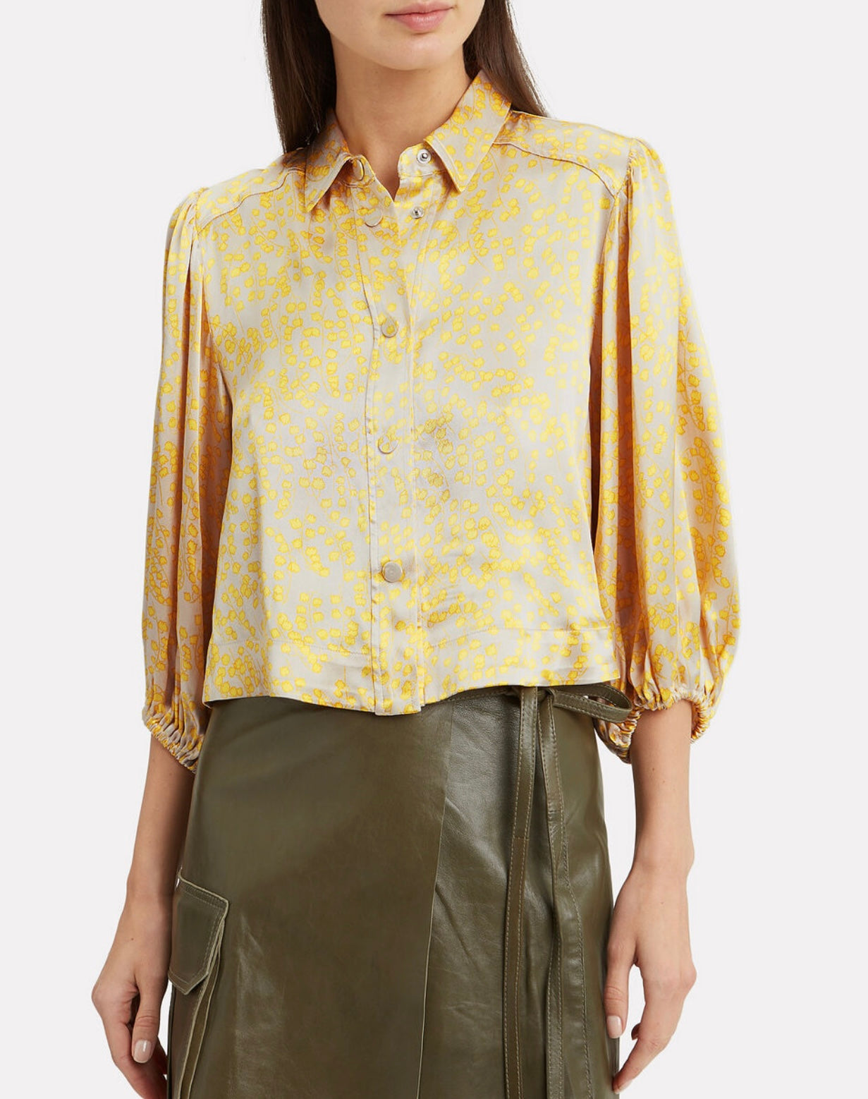 GANNI yellow and cream floral snap button blouse