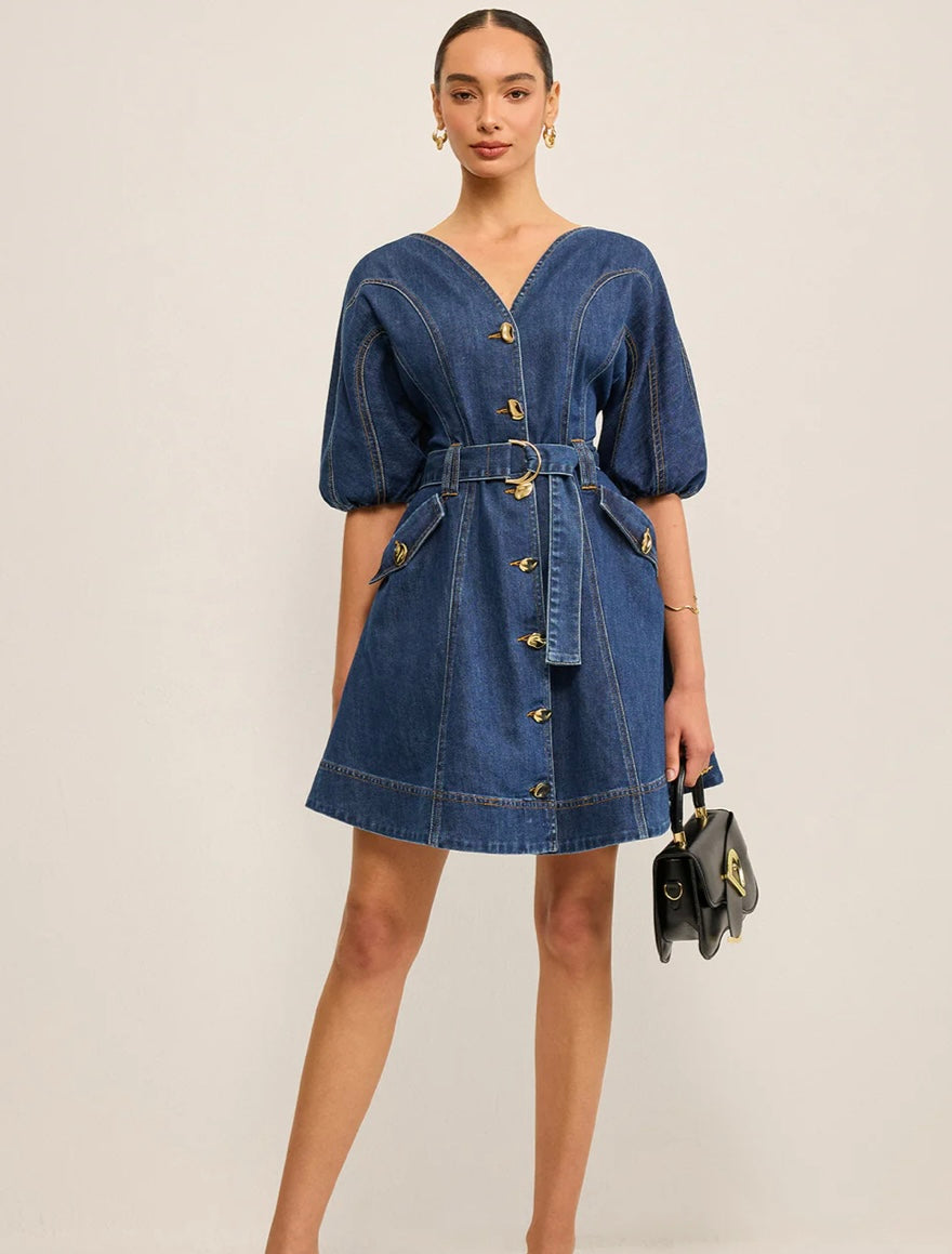 Commense Pocketed Belted Denim Dress