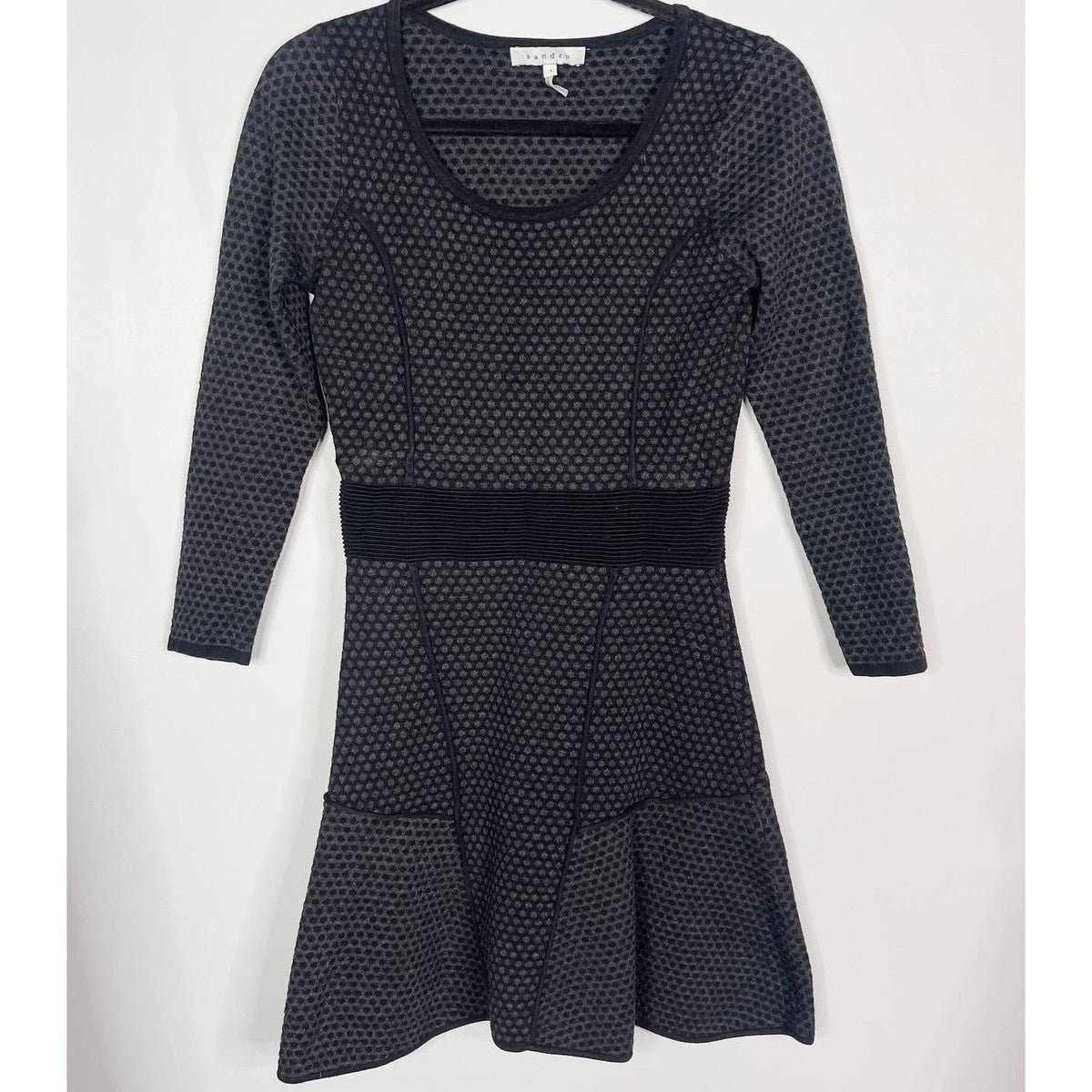 SANDRO long sleeve black polka dot knit dress