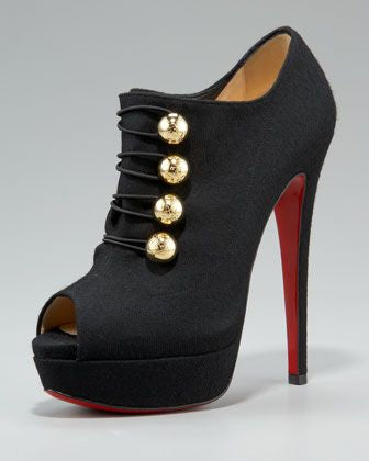CHRISTIAN LOUBOUTIN black suede peep toe pump with gold buttons
