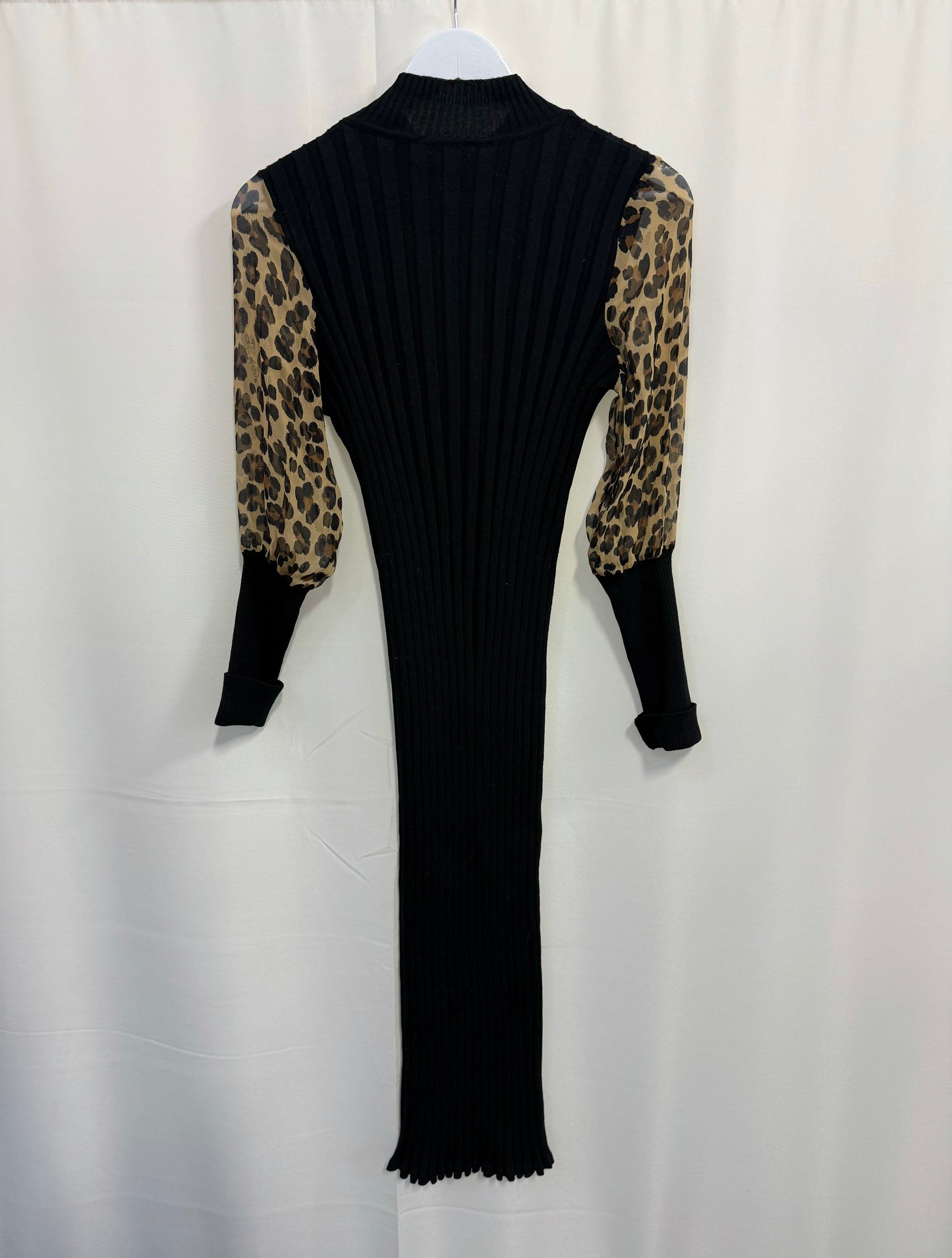 Daniela Drei - Black Ribbed Dress with Chiffon Leopard Sleeves