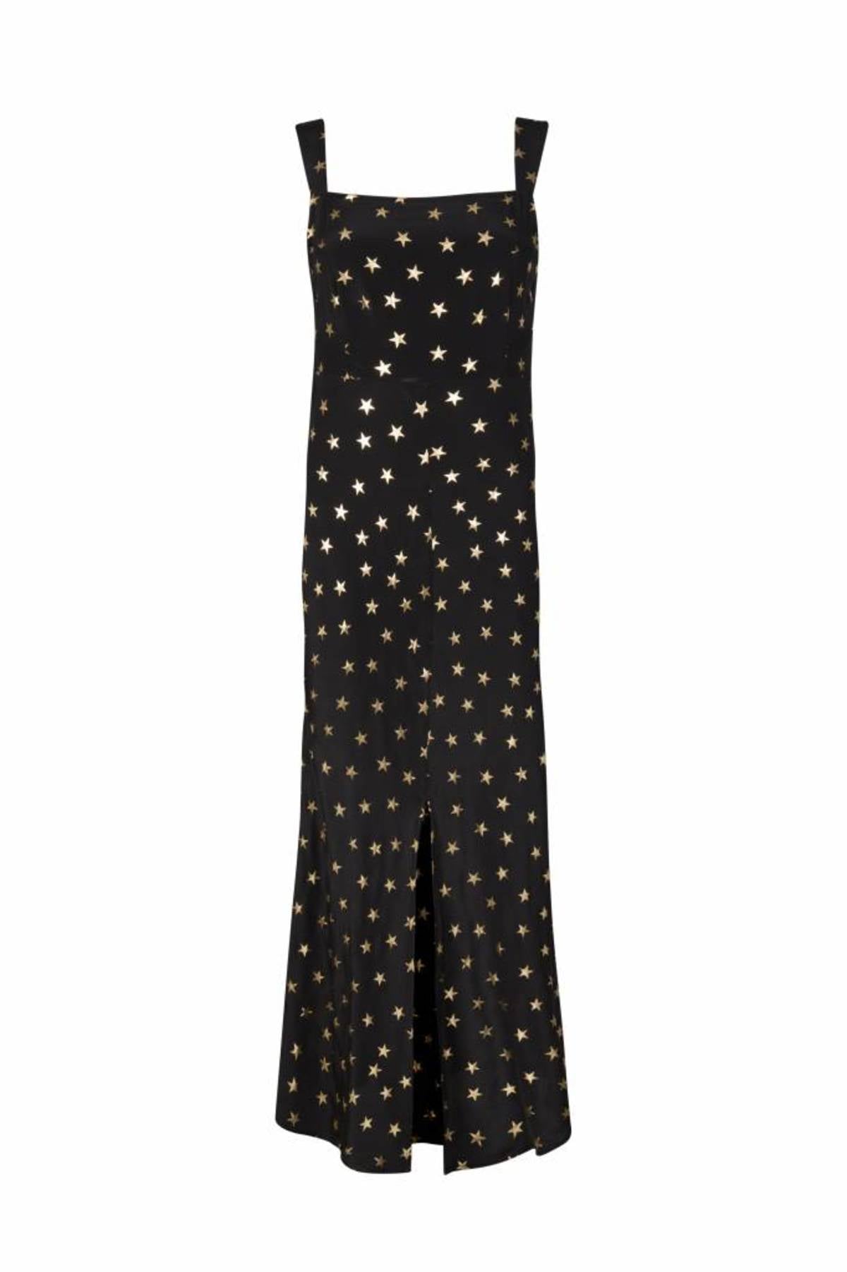 RIXO black maxi dress with gold stars