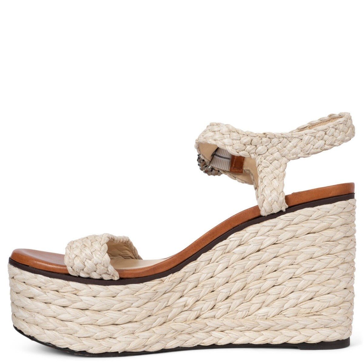 JIMMY CHOO beige raffia wedges, diamond buckle