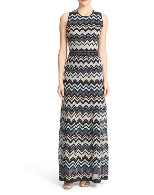 M MISSONI METALLIC ZIGZAG CROSS BACK MAXI DRESS