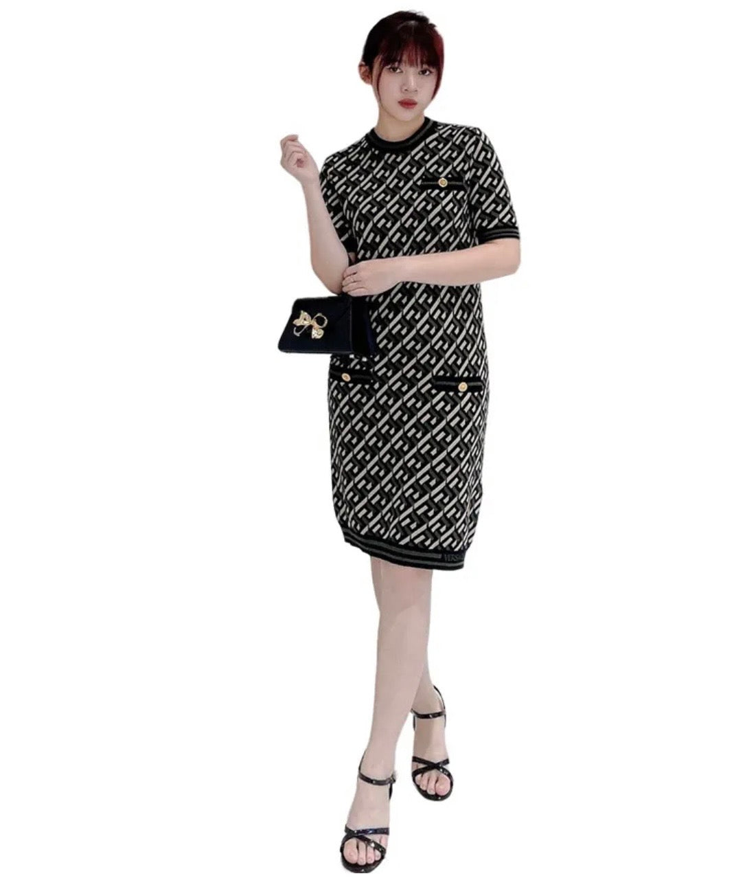 VERSACE Monogram Cotton Wool Green Printed Dress