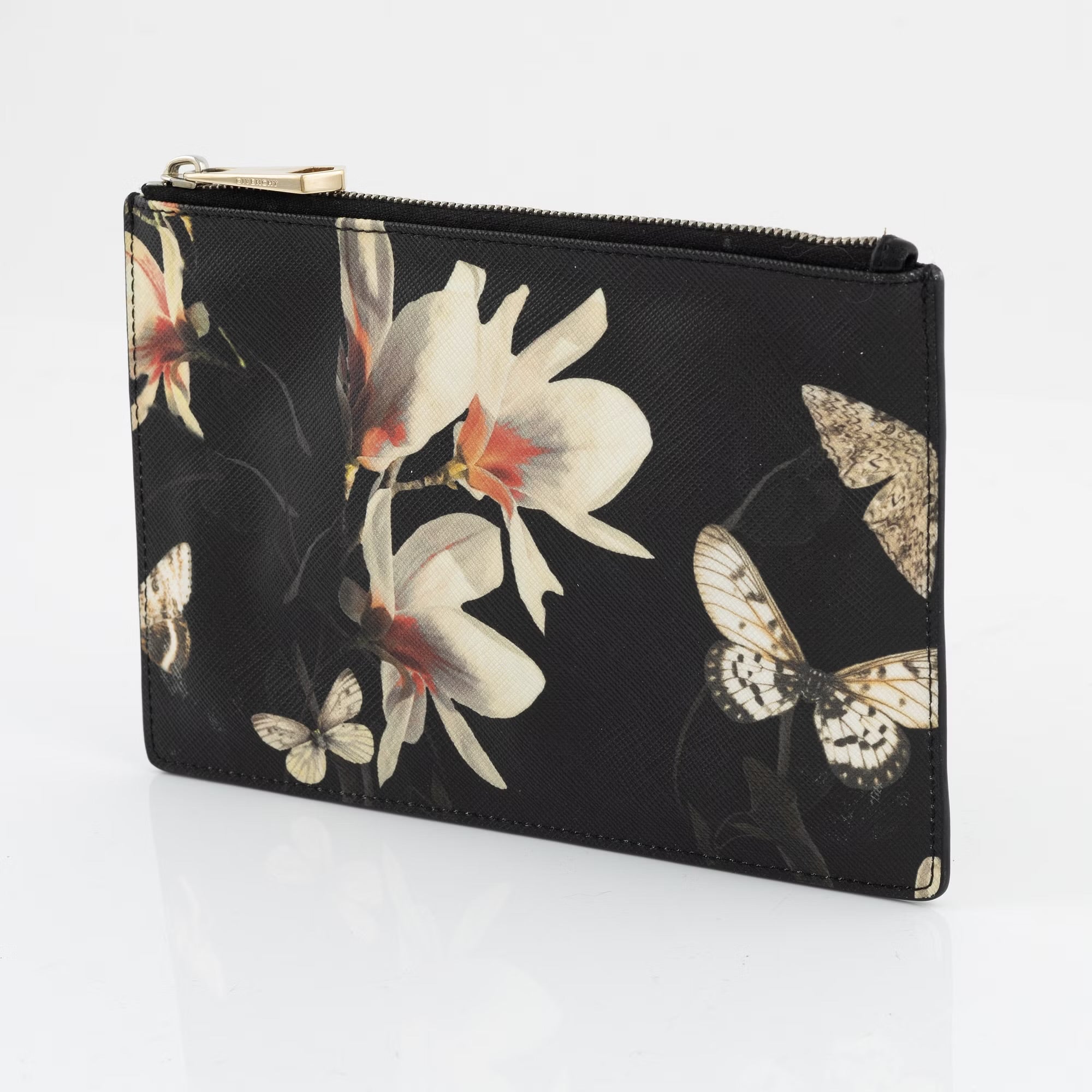GIVENCHY black leather clutch/pouch with flowers and butterfly print
