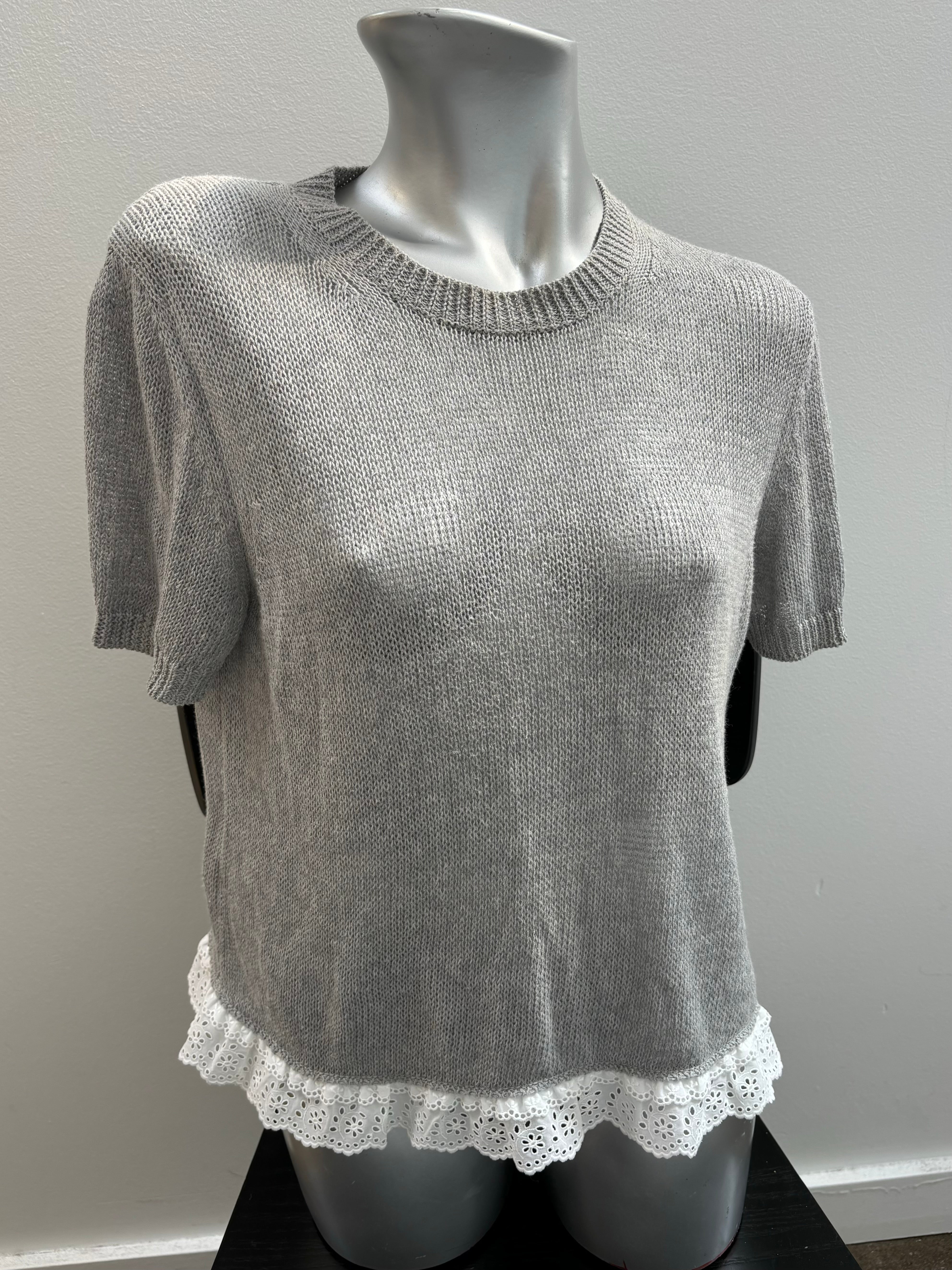 MIU MIU grey short sleeve knit with eyelet hem