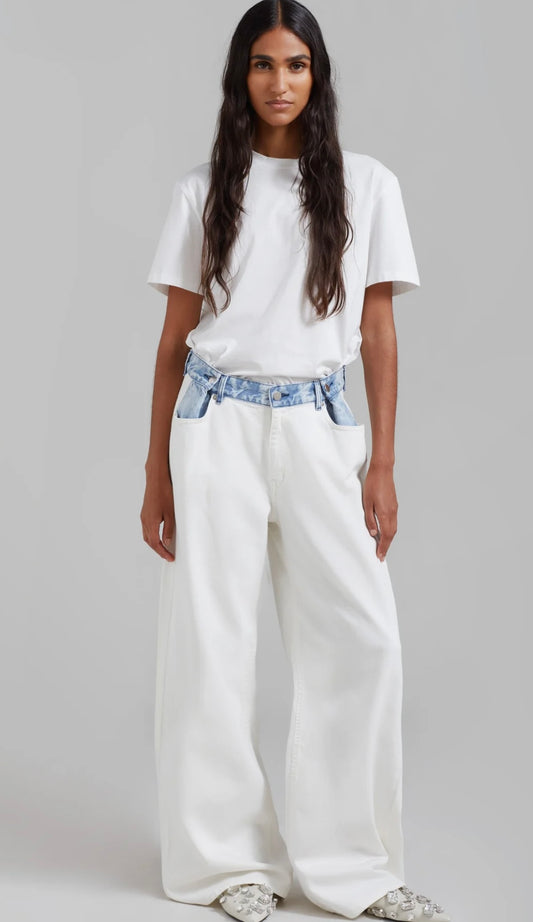 THE FRANKIE SHOP HAYLA CONTRAST DENIM PANTS - OFF WHITE/BLUE