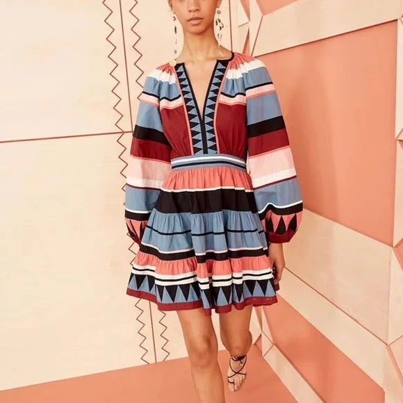 ULLA JOHNSON blue, pink, white tribal long sleeve dress