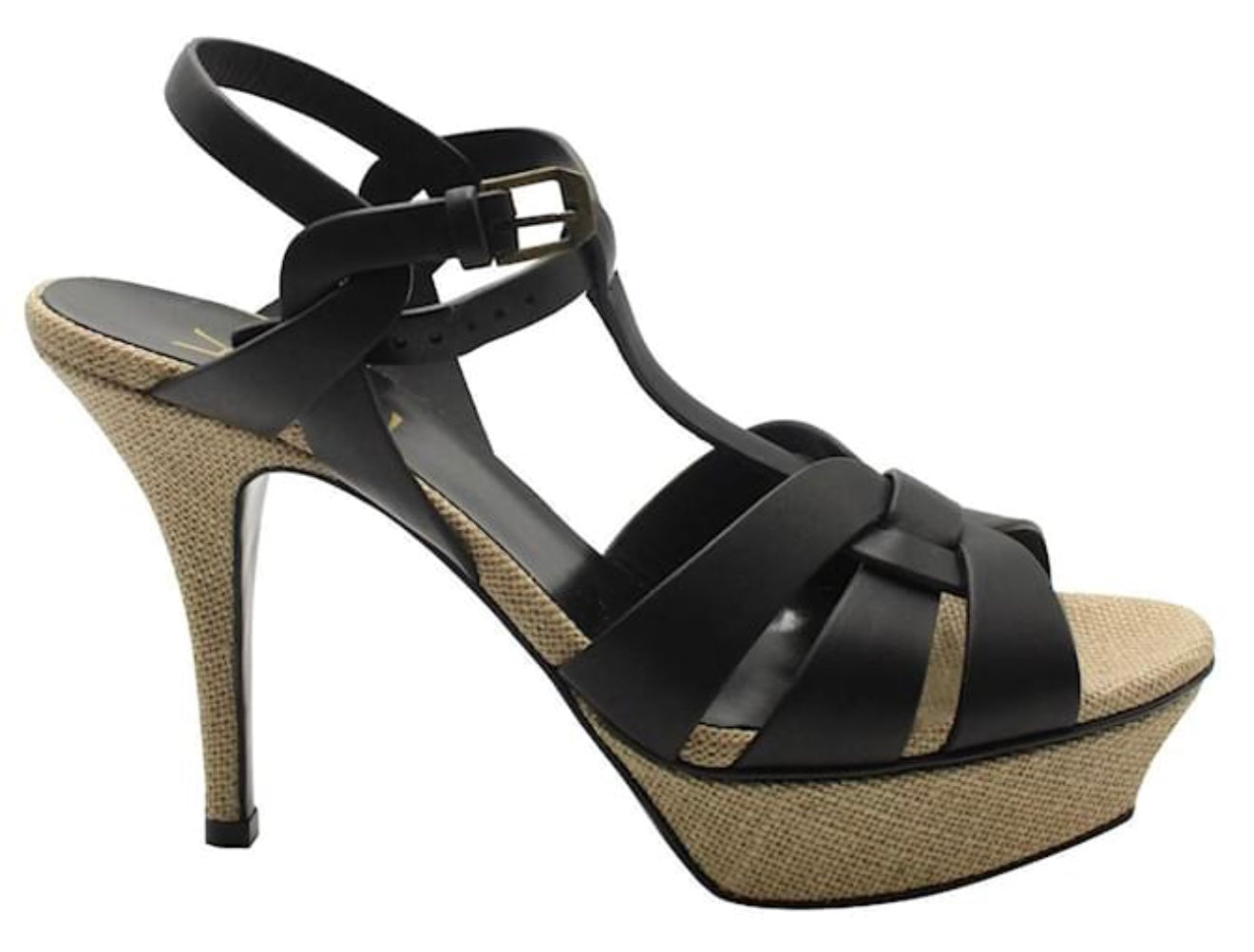 Yves Saint Laurent Black/Cream Leather and Raffia Tribute Heels