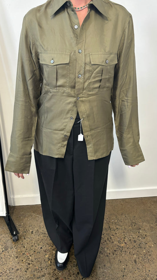 73 LONDON olive green silk button up