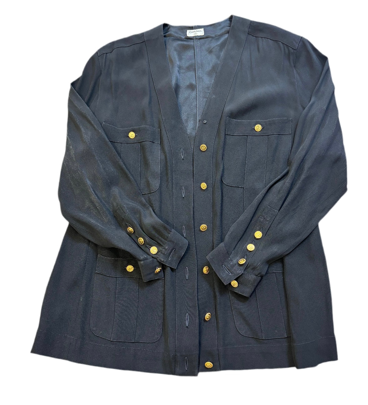 CHANEL black button up blouse/coat, gold buttons, satin lined