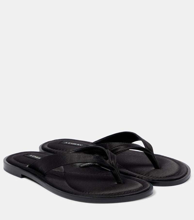 A. EMERY BLACK SATIN FLIP FLOPS