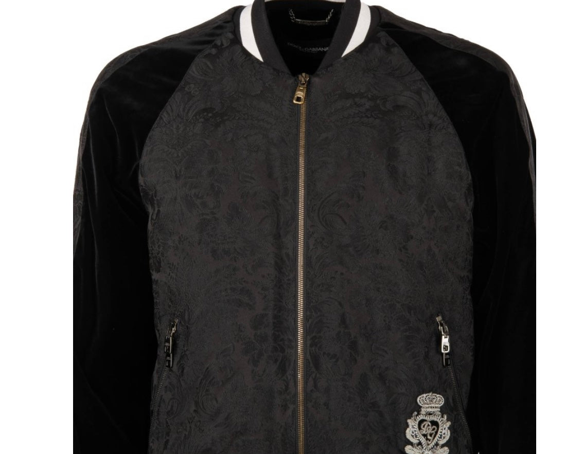 DOLCE & GABBANA KIDS - Velvet and Brocade Varsity Jacket with Embroidered Logo Black