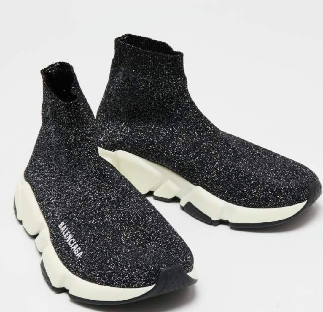 Balenciaga Black/Silver Glitter Knit Fabric Speed Trainer High-Top Sneakers