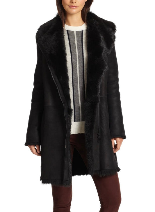 Vince - Asymmetrical Lamb Shearling Coat in Black with Fur Lining