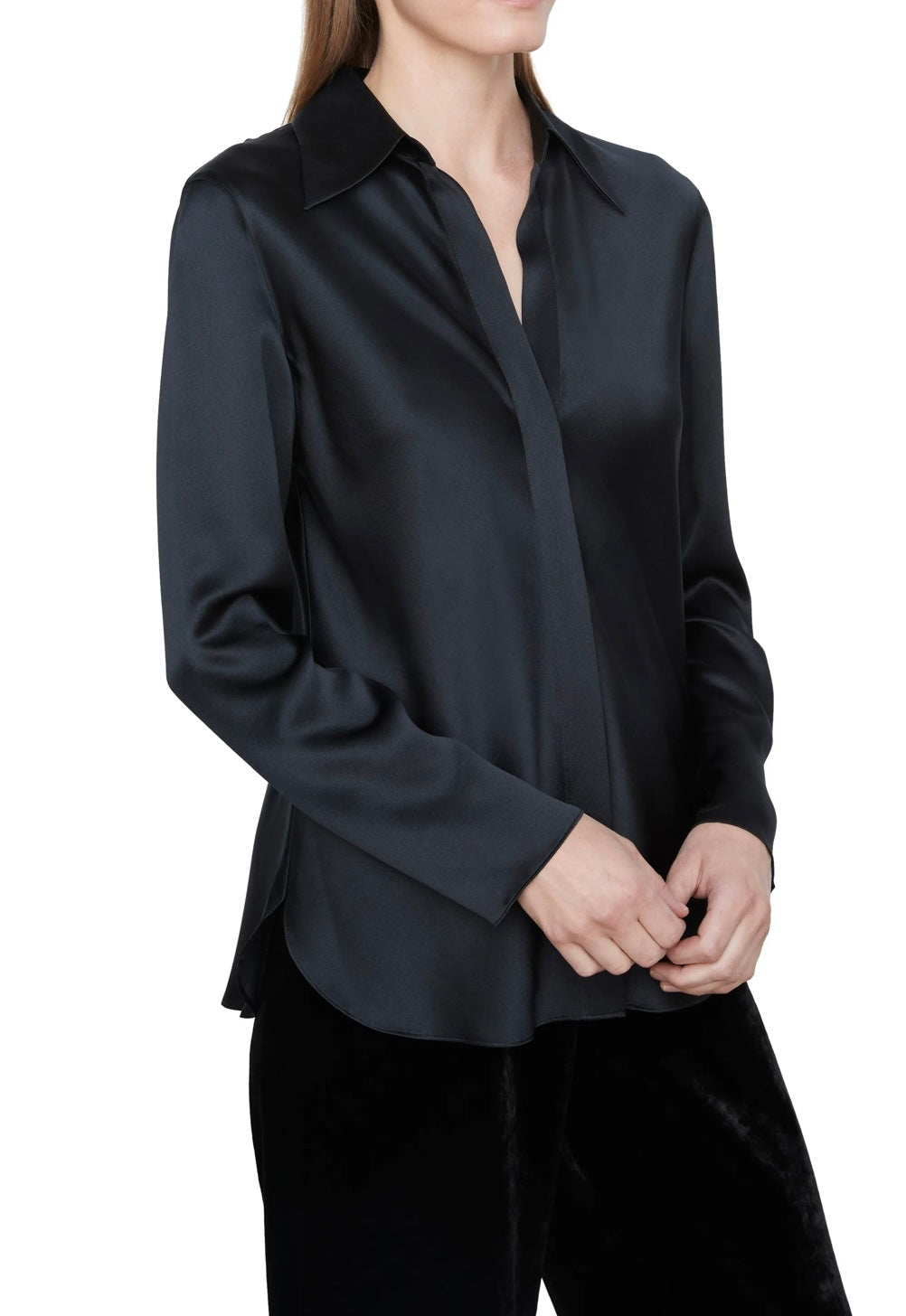 VINCE
Silk Bias Long Sleeve Button-Down Blouse, Black