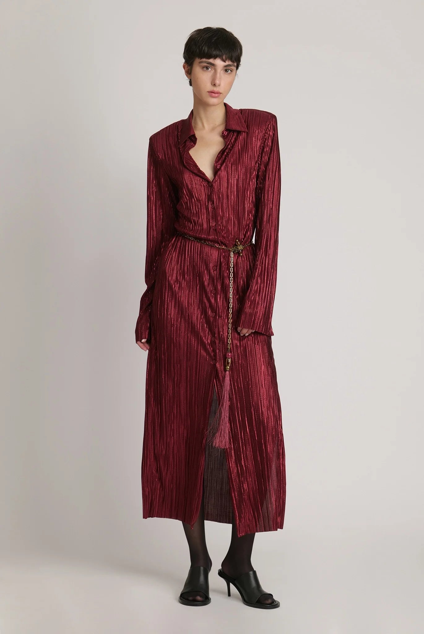 SABINA MUSAYEV burgundy metallic button up