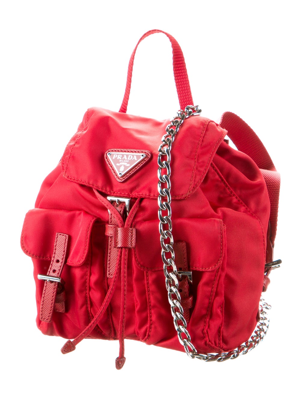 PRADA tiny red nylon backpack crossbody purse v silver chain, with box
