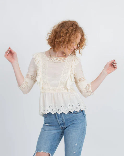 ULLA JOHNSON cream tunic with lace and eyelet